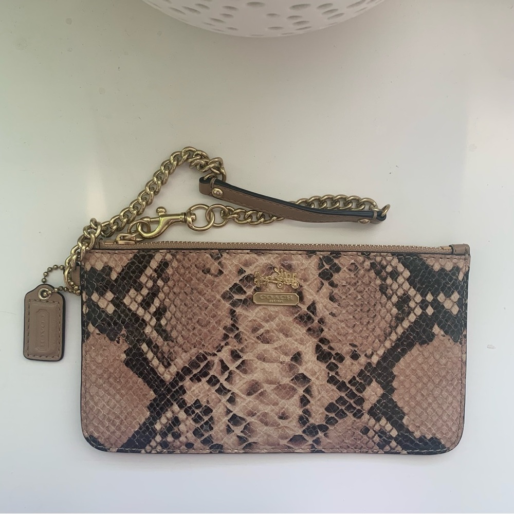 Coach Snake Print Wristlet – Neutral Tan Snakeskin – Gold Hardware